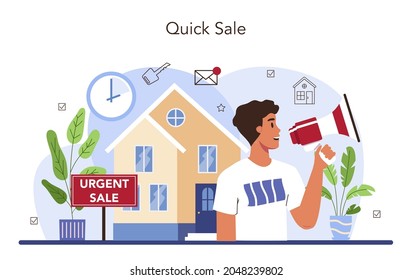 Real estate agency service. Assistance in property selling, buyer and seller agrement and contract development. Qualified real estate agent or broker concept. Flat vector illustration