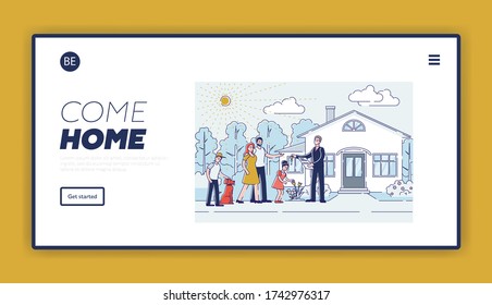 Real Estate Agency Service Landing Page Design With Cartoon Realtor Agent Selling Family New House. Mortgage, Rent Or Home For Sale Company Web Homepage. Linear Vector Illustration