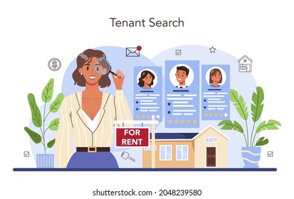 Real estate agency service. Qualified realtor or broker help customer to rent or rent out a house. Property leasing, tenant searching. Isolated vector illustration in cartoon style