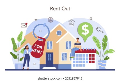 Real estate agency service. Qualified realtor or broker help customer to rent or rent out a house. Property leasing, tenant searching. Isolated vector illustration in cartoon style