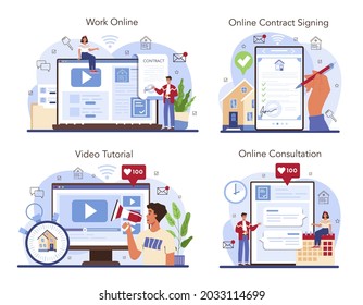 Real estate agency service web banner or landing page set. Assistance in property selling. Online consultation, contract signing, work, video tutorial. Flat vector illustration