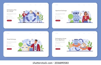 Real estate agency service web banner or landing page set. Qualified realtor or broker service. House and apartment exchange. Property trade. Flat vector illustration