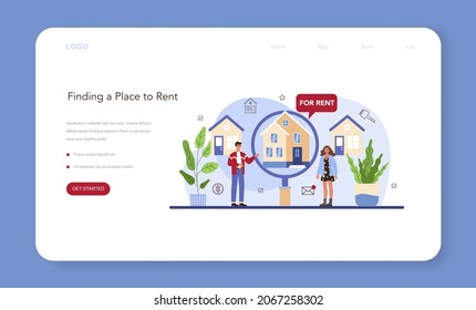 Real estate agency service web banner or landing page. Qualified realtor or broker help customer to rent or rent out a house. Property leasing, tenant searching. Flat vector illustration