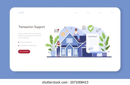 Real estate agency service web banner or landing page. Assistance in property selling, buyer and seller agrement and contract development. Qualified real estate agent. Flat vector illustration