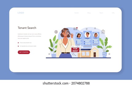 Real estate agency service web banner or landing page. Qualified realtor or broker help customer to rent or rent out a house. Property leasing, tenant searching. Flat vector illustration