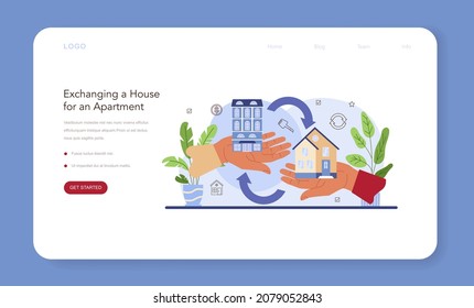 Real estate agency service web banner or landing page. Qualified realtor or broker service. House and apartment exchange. Property trade. Flat vector illustration