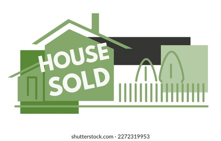 Real estate agency services, sign with house sold. Buying property for living or business investment. Building with garden, lawn and fence. Promotional banner or advertisement. Vector in flat style