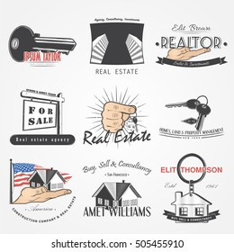 Real estate agency set. Buy, Sell and Consultancy. Detailed elements. Old retro vintage grunge. Scratched, damaged, dirty effect. Typographic labels, stickers, logo and badge. Flat vector illustration