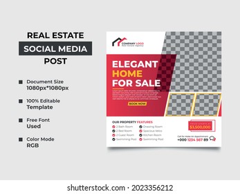 real estate agency social media post template design with four image placement, red gradient color used in the shapes. eye-catchy, editable, professional design. vector square banner, eps 10 version