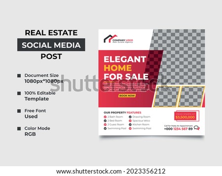 real estate agency social media post template design with four image placement, red gradient color used in the shapes. eye-catchy, editable, professional design. vector square banner, eps 10 version Stock photo © 