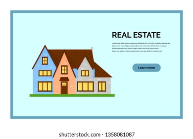 Real estate agency vector landing page template. Home loan, mortgage webpage. Property for sale, rent. Townhouse, resort property, cottage rental website. Detached house isolated illustration in frame