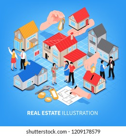 Real estate agency viewing of houses for sale and rent on blue background isometric vector illustration