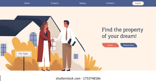 Real estate agency web banner template colorful vector flat illustration. Woman customer and man agent shaking hands conclude successful deal. Modern advertisement of property selling