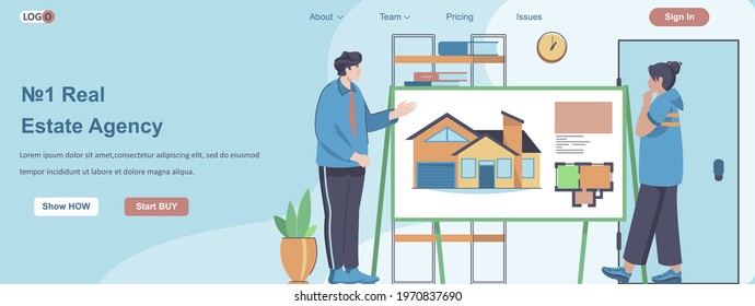 Real Estate Agency web banner concept. Realtor advises client, shows presentation with drawings of future home to buyer landing page template. Vector illustration with people characters in flat design