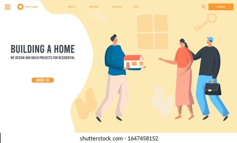 Real estate agency website design, house building project, vector illustration. Couple buying new home, mortgage loan concept. Man holding miniature model of house, people cartoon character flat style