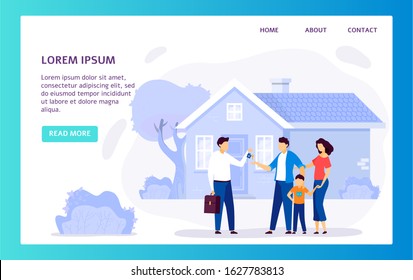 Real estate agency website, family buying new house, vector illustration. Sales manager hands over keys to family, people buying house. Mortgage loan offer on real estate web site, modern online page