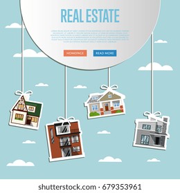 Real Estate Agency Website Template Vector Illustration. Commercial Background. Real Estate Business Concept With Houses. Family Dream Home. Trading House. Advertising Company, Online Business.