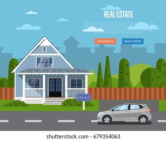 Real estate agency website template with sale house vector illustration. Commercial background. Real estate business concept. Family dream home. Trading house. Advertising company, online business