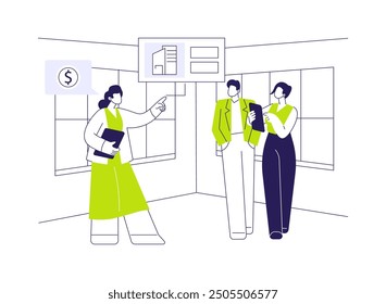 Real estate agent abstract concept vector illustration. Realtor with customers in empty building, buying agent talks with clients, showing assistant, brokerage company business abstract metaphor.