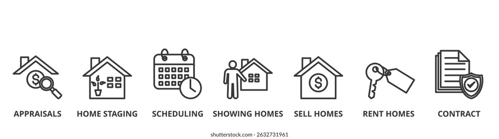 Concepto de Ilustración vectorial de Anuncio de agente inmobiliario con ícono de tasaciones, home staging, horario, mostrando viviendas, venta de viviendas, alquiler de viviendas y contrato