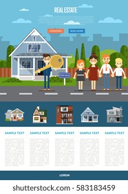 Real estate agent with big key and happy family near house vector illustration. Commercial background. Family dream home. Trading house. Advertising company, online business concept.