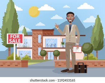 Real estate agent or broker concept. Big house or apartment sale offering. Smiling man standing and holding clipboard with contract on it. Vector illustration in cartoon style