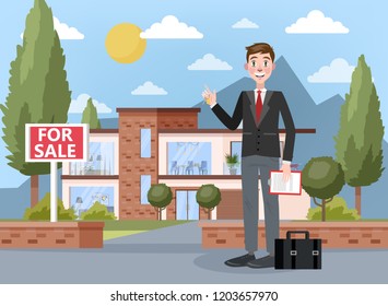 Real estate agent or broker concept. Big house or apartment sale offering. Smiling man standing and holding key and clipboard with contract on it. Vector illustration in cartoon style