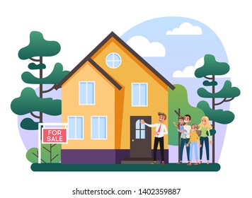 Real estate agent or broker concept. House sale offering. Family bying house. Idea of mortgage. Vector illustration in cartoon style