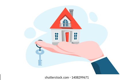 Real estate agent or broker concept. House sale offering. Hand holding building and keys. Vector illustration in cartoon style