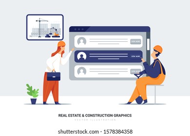 Real estate agent & builder looking at a job site. Create a unique illustration for a website, application, or presentation