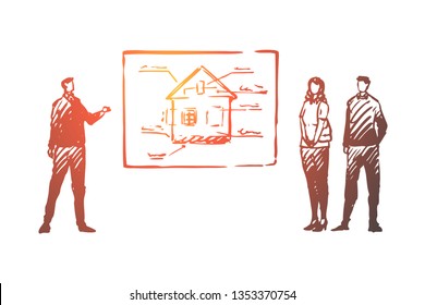 Real, estate, agent, building, presentation concept. Hand drawn presentation of building for sale concept sketch. Isolated vector illustration.