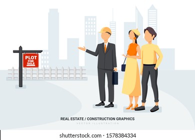Real estate agent & buyers looking at a plot of land that’s for sale. Create a unique illustration for a website, application, or presentation
