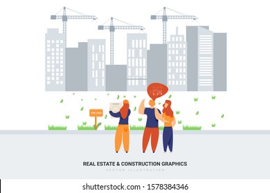 Real estate agent & buyers looking at a plot of land that’s for sale. Create a unique illustration for a website, application, or presentation