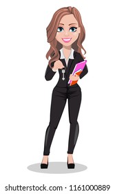 A Real Estate Agent Cartoon Character. Beautiful Realtor Woman Holding Documents And Key. Cute Business Woman. Vector Illustration