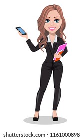 A real estate agent cartoon character. Beautiful realtor woman holding smartphone. Cute business woman. Vector illustration