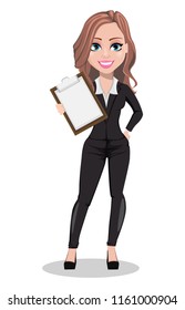 A Real Estate Agent Cartoon Character. Beautiful Realtor Woman Holding Clipboard. Cute Business Woman. Vector Illustration