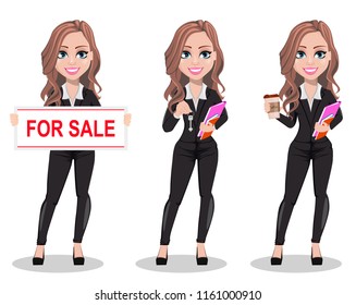 A real estate agent cartoon character, set of three poses. Beautiful realtor woman holding banner for sale, holding key and holding coffee. Cute business woman. Vector illustration