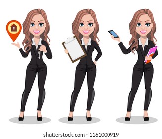 A real estate agent cartoon character, set of three poses. Beautiful realtor woman holding key, holding clipboard and holding smartphone. Cute business woman. Vector illustration