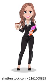 A real estate agent cartoon character. Beautiful realtor woman holding coffee and documents. Cute business woman. Vector illustration