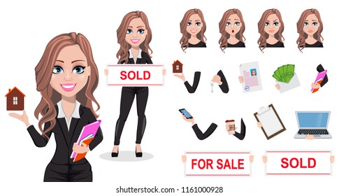 A real estate agent cartoon character. Beautiful realtor woman. Cute business woman. Pack of body parts, emotions and things. Build your own design. Vector illustration. 