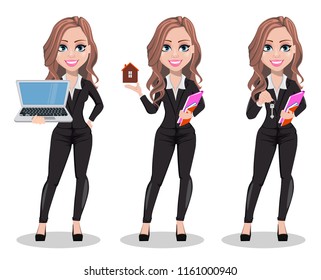 A real estate agent cartoon character, set of three poses. Beautiful realtor woman holding laptop, holding model of house and holding documents with keys. Cute business woman. Vector illustration. 