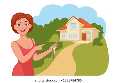 real estate agent, charming woman, shows the country house, offers to see, holds the keys