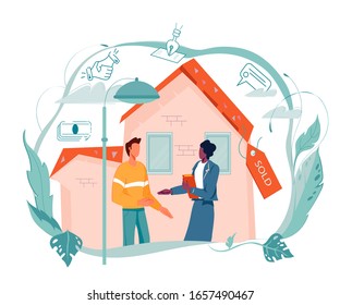 Agente inmobiliario y cliente hacen un acuerdo sobre la venta o alquiler de propiedades en el fondo de la casa vendida. Banner de la agencia inmobiliaria - hipoteca, venta e inversiones a la vivienda. Ilustración vectorial plana.