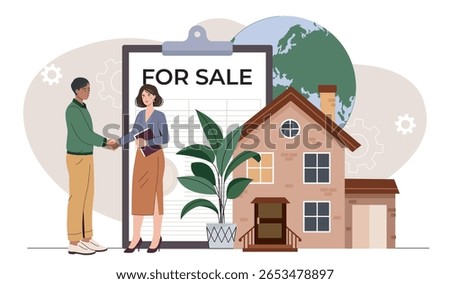 Real estate agent and client shaking hands in front of a house and clipboard with For Sale sign, flat style, white background, concept of home buying. Vector illustration