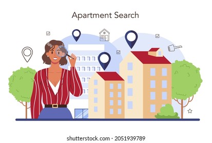 Real estate agent concept. Qualified realtor searching for the best apartment option. Property selection and technical inspection. Vector flat illustration