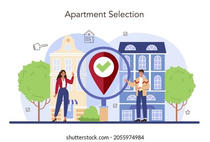 Real estate agent concept. Qualified realtor searching for the best apartment option. Property selection and technical inspection. Vector flat illustration