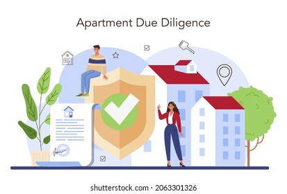 Real estate agent concept. Qualified realtor searching for the best apartment option. Property selection and technical inspection. Vector flat illustration