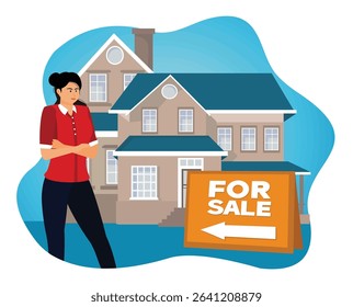 Real estate agent concept. A woman standing in front of a house with a prominent For Sale sign, theme real estate property marketing.