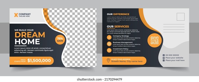 Real Estate Agent and Construction Business Postcard Template. Home For Sale Postcard. Real Estate Postcard Design Template Vector, Clean And Modern Real Estate Post Card Print Ready layout