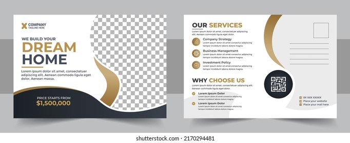 Real Estate Agent and Construction Business Postcard Template. Home For Sale Postcard. Real Estate Postcard Design Template Vector, Clean And Modern Real Estate Post Card Print Ready layout